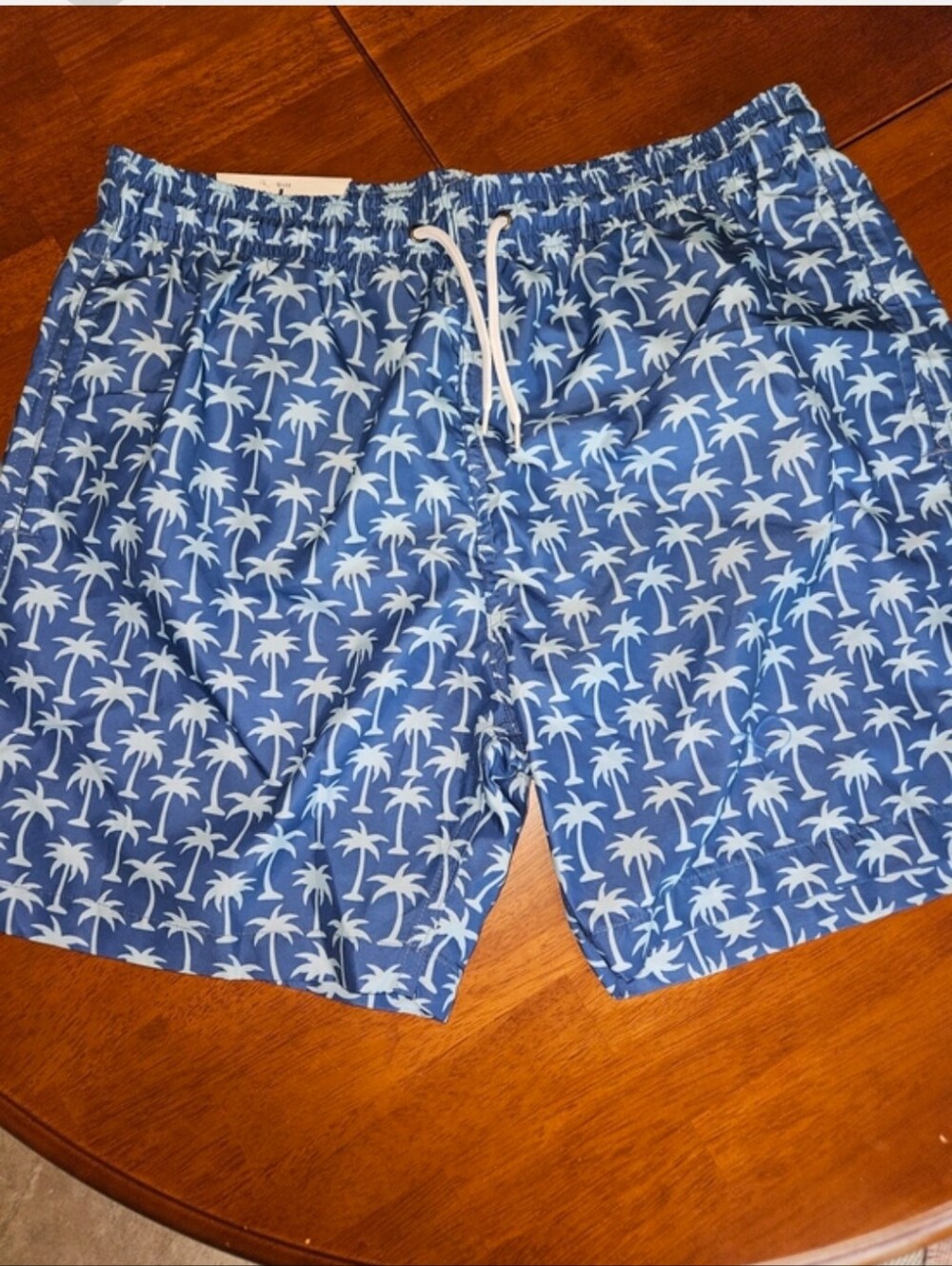 Blue Palm-Print Men's Swim Board Shorts with Drawstring